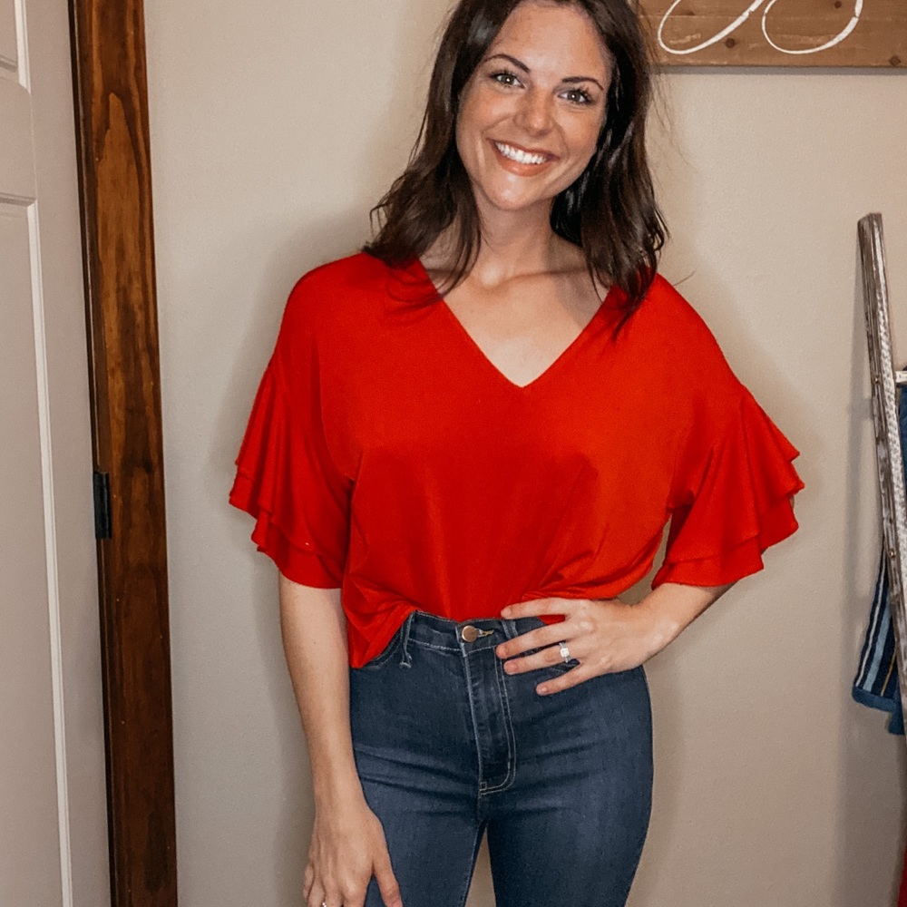 red ruffle sleeve blouse